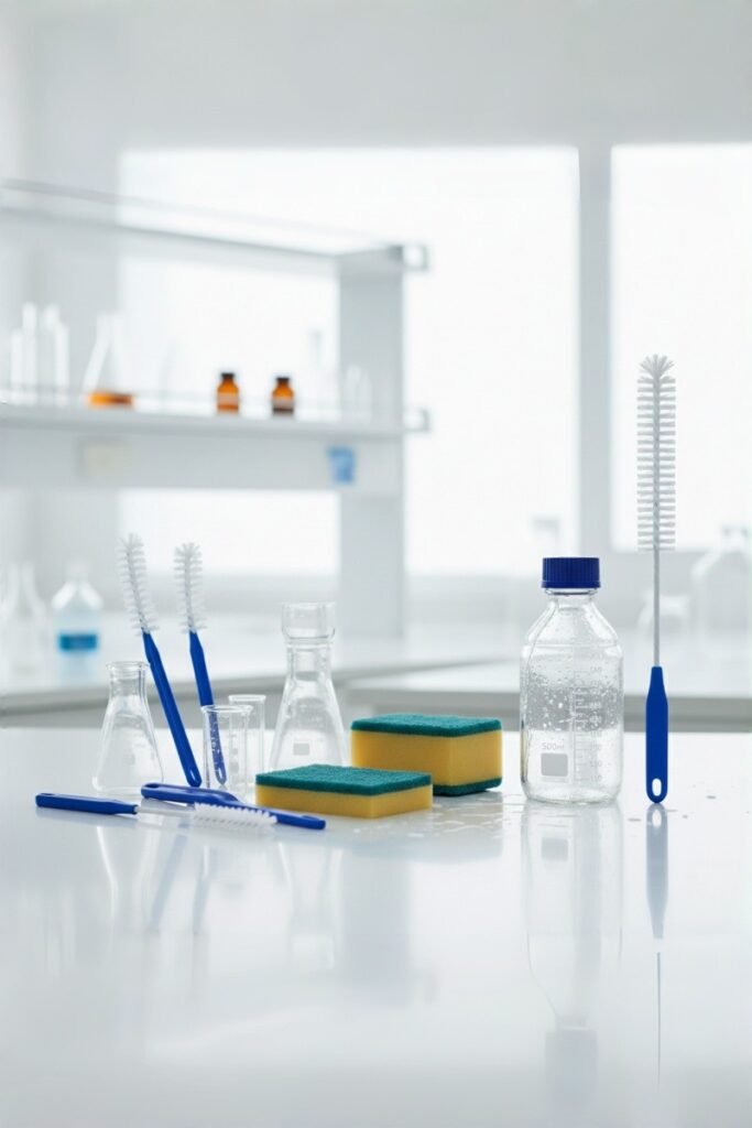 Selection of laboratory glassware cleaning tools including soft plastic brushes and sponges on a table.