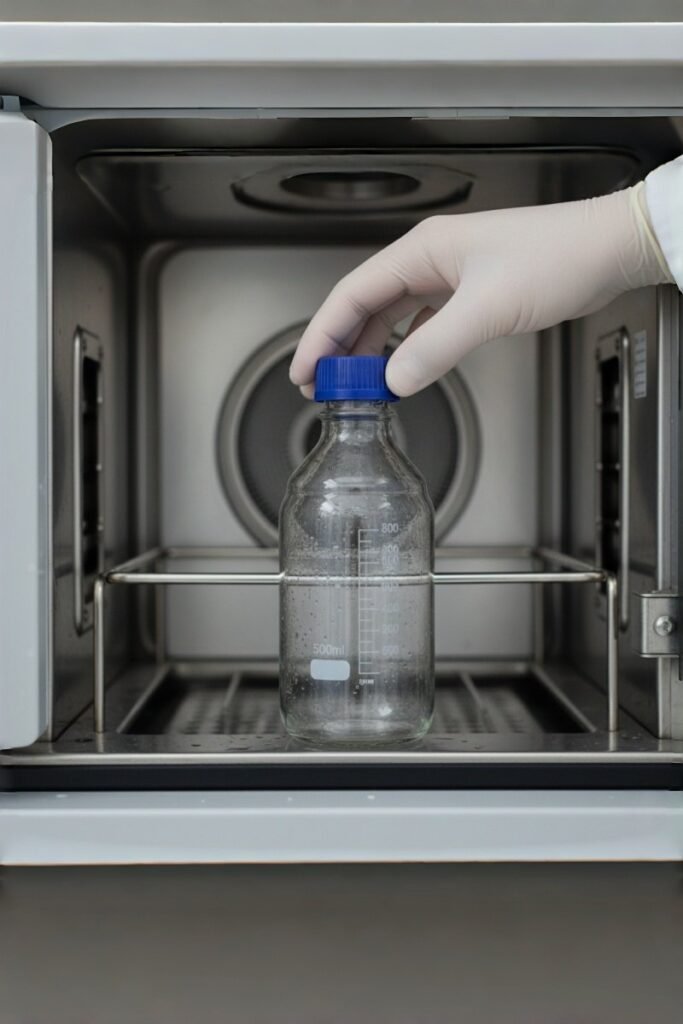 Close-up of a laboratory glass bottle entering the sterilization process at 121°C.