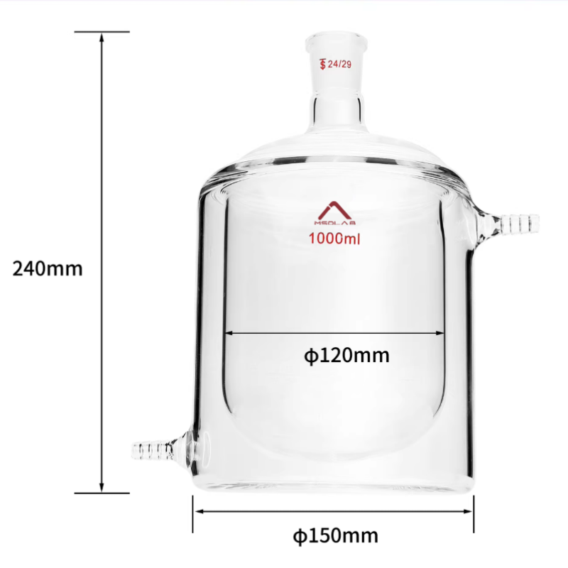 MSD Lab 1000ml Jacketed Reaction Vessel, Flat Bottom, single 24/29 neck, 150mm jacket diameter, 240mm total height, high-durability laboratory glassware.