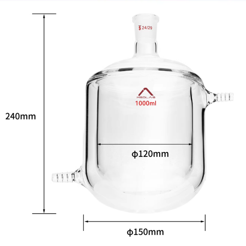 MSD Lab 1000ml Jacketed Reaction Flask, Round Bottom, single 24/29 joint, 150mm outer diameter, 240mm height, borosilicate glass 3.3 for temperature-controlled reactions.