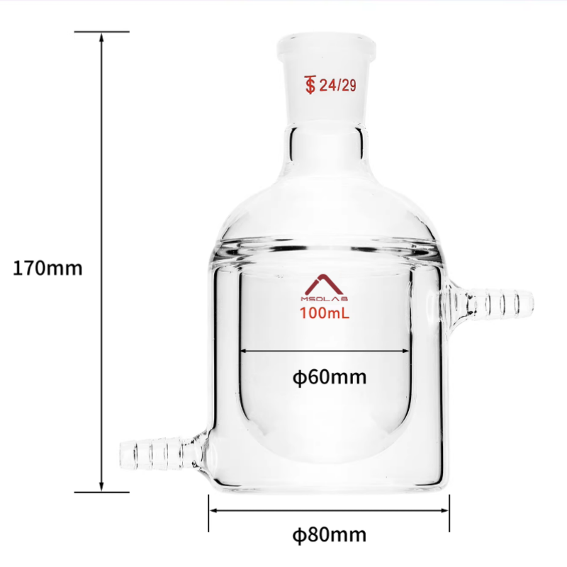MSD Lab 100ml Jacketed Reaction Vessel, Flat Bottom, single 24/29 neck, 80mm jacket diameter, 170mm total height, high-durability laboratory glassware.