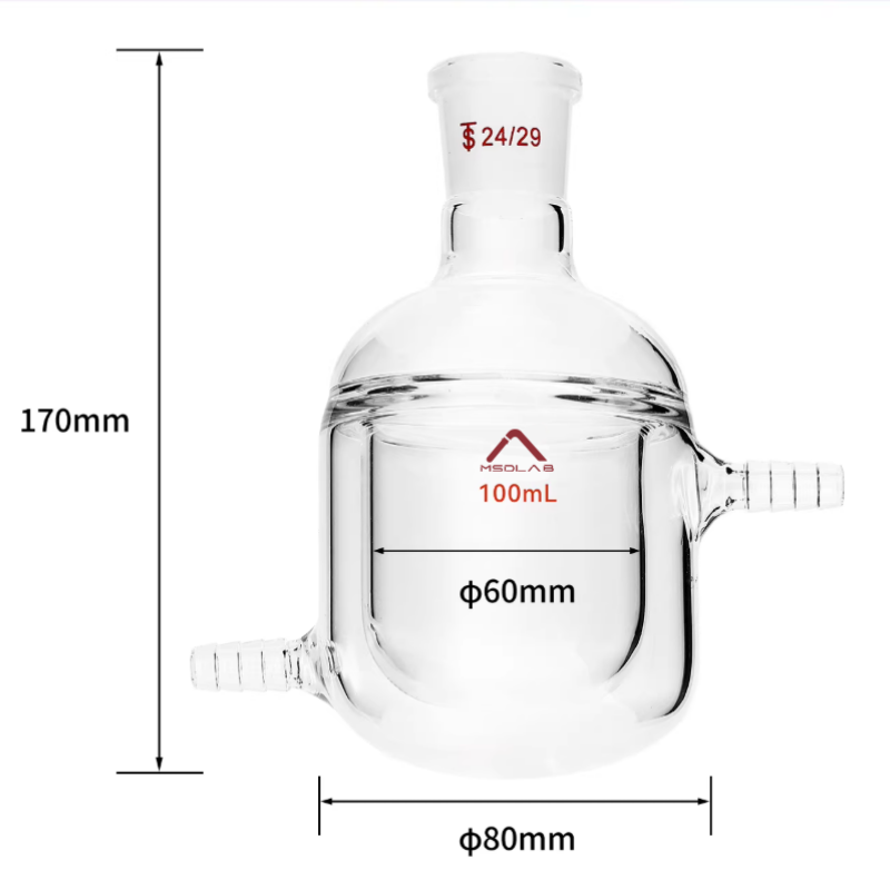 MSD Lab 100ml Jacketed Reaction Flask, Round Bottom, single 24/29 joint, 80mm outer diameter, 170mm height, borosilicate glass 3.3 for temperature-controlled reactions.