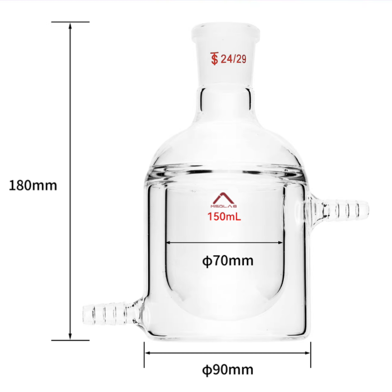 MSD Lab 150ml Jacketed Reaction Vessel, Flat Bottom, single 24/29 neck, 70mm jacket diameter, 180mm total height, high-durability laboratory glassware.