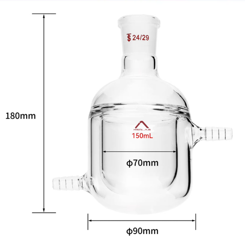 MSD Lab 150ml Jacketed Reaction Flask, Round Bottom, single 24/29 joint, 90mm outer diameter, 180mm height, borosilicate glass 3.3 for temperature-controlled reactions.