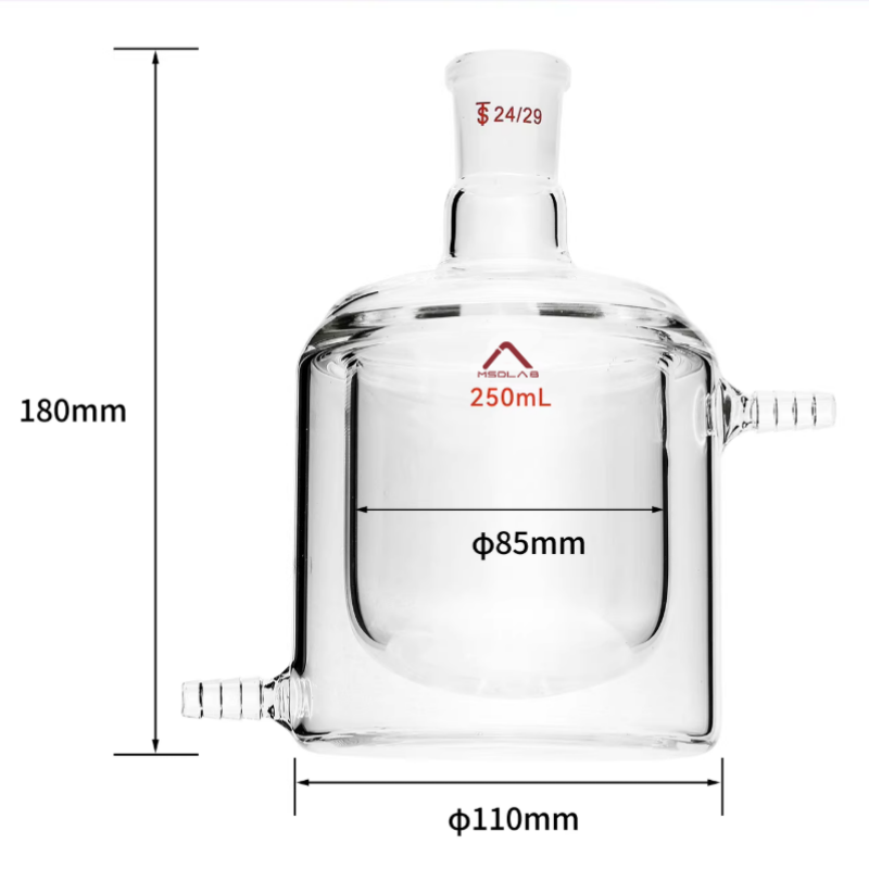 MSD Lab 250ml Jacketed Reaction Vessel, Flat Bottom, single 24/29 neck, 110mm jacket diameter, 180mm total height, high-durability laboratory glassware.