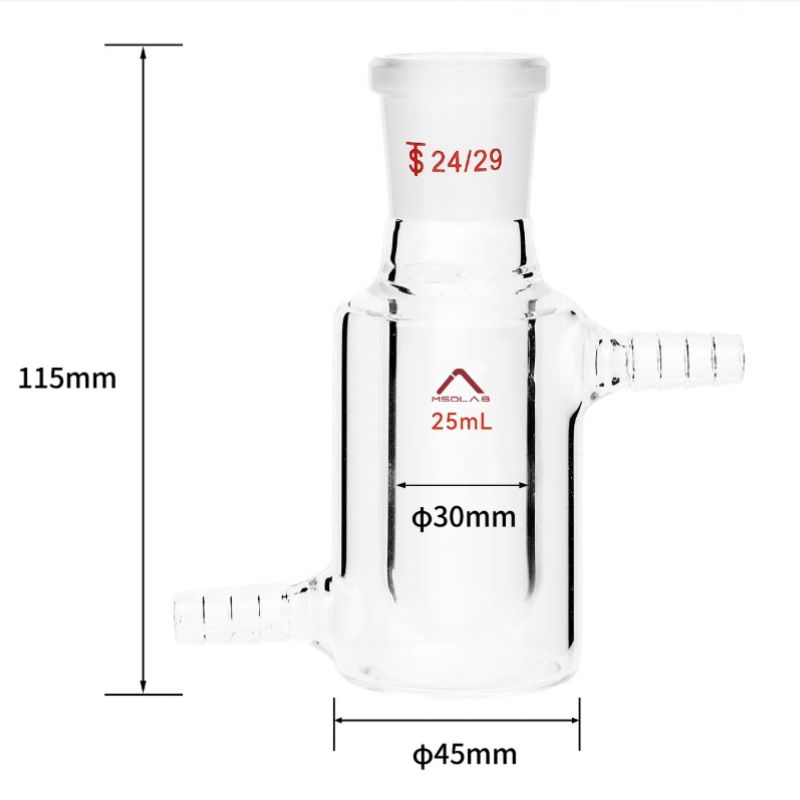 MSD Lab 25ml Jacketed Reaction Vessel, Flat Bottom, single 24/29 neck, 45mm jacket diameter, 115mm total height, high-durability laboratory glassware.