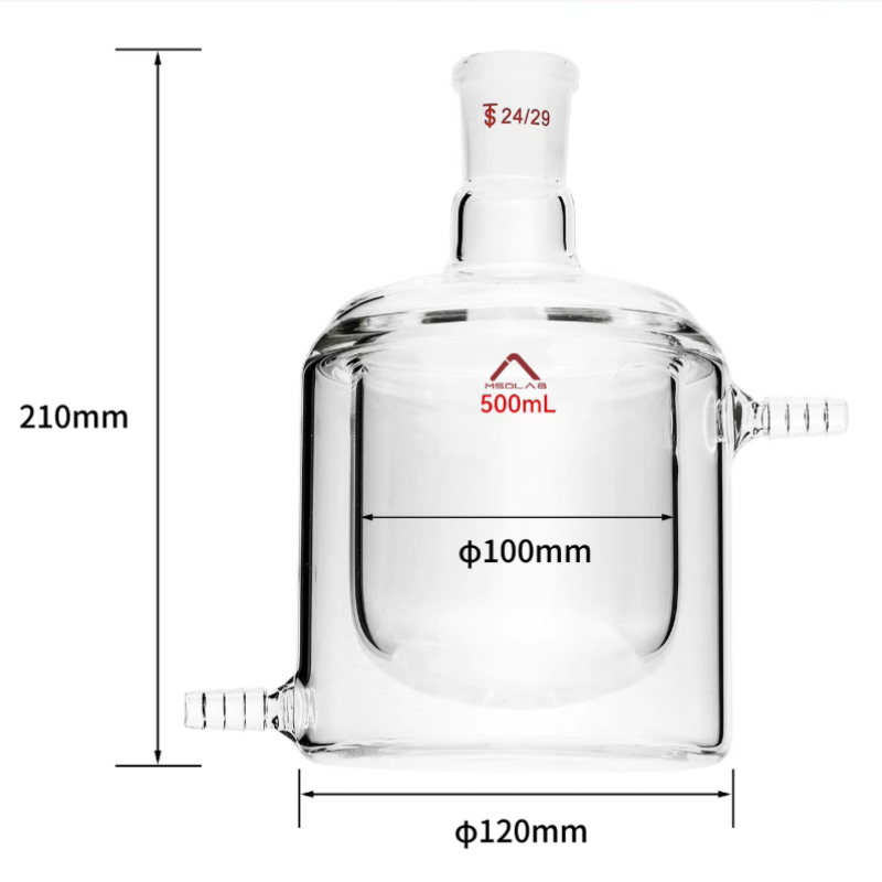 MSD Lab 500ml Jacketed Reaction Vessel, Flat Bottom, single 24/29 neck, 120mm jacket diameter, 210mm total height, high-durability laboratory glassware.