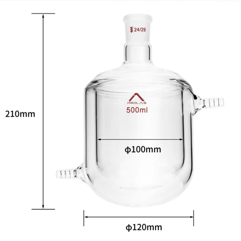 MSD Lab 500ml Jacketed Reaction Flask, Round Bottom, single 24/29 joint, 120mm outer diameter, 210mm height, borosilicate glass 3.3 for temperature-controlled reactions.