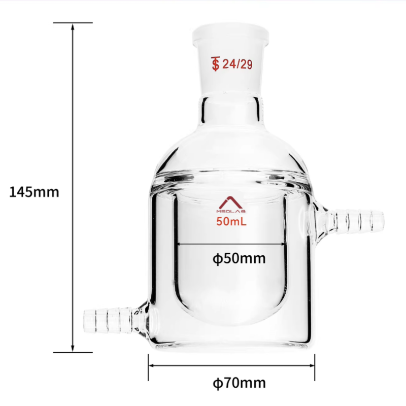 MSD Lab 50ml Jacketed Reaction Vessel, Flat Bottom, single 24/29 neck, 70mm jacket diameter, 145mm total height, high-durability laboratory glassware.
