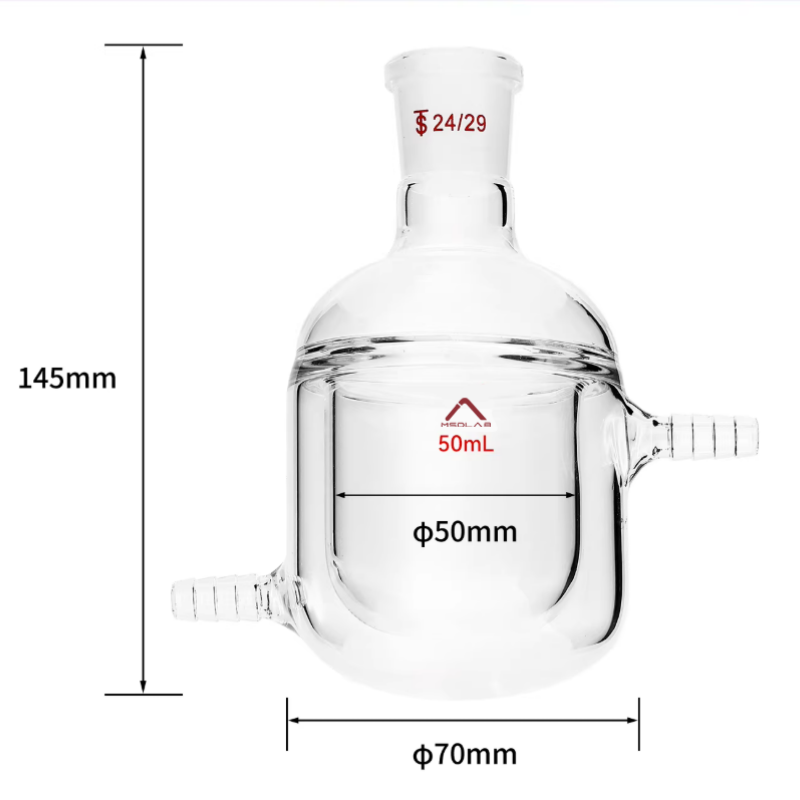MSD Lab 50ml Jacketed Reaction Flask, Round Bottom, single 24/29 joint, 70mm outer diameter, 145mm height, borosilicate glass 3.3 for temperature-controlled reactions.