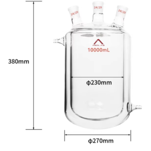 MSD Lab 10000ml Round Bottom Three-neck Jacketed Flask, 24/29 joints. 380mm height with 230mm outer diameter. High-strength borosilicate glass for high-vacuum thermal synthesis.