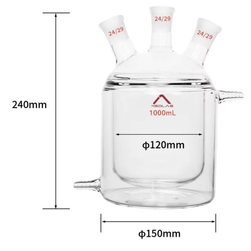 MSD Lab 1000ml Flat Bottom Three Neck Jacketed Reaction Flask with 24 29 Joints