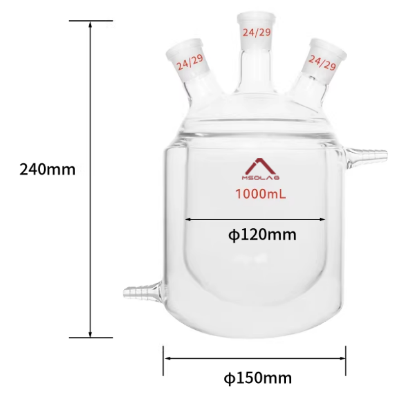 MSD Lab 1000ml Round Bottom Three Neck Jacketed Reaction Flask with 24 29 Joints