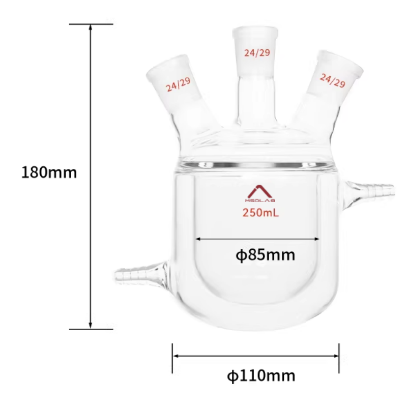 MSD Lab 250ml Round Bottom Three Neck Jacketed Reaction Flask with 24 29 Joints