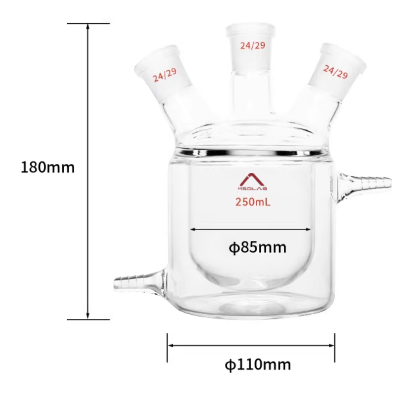 MSD Lab 250ml Three Neck Jacketed Reaction Flask with 24 29 Standard Joints