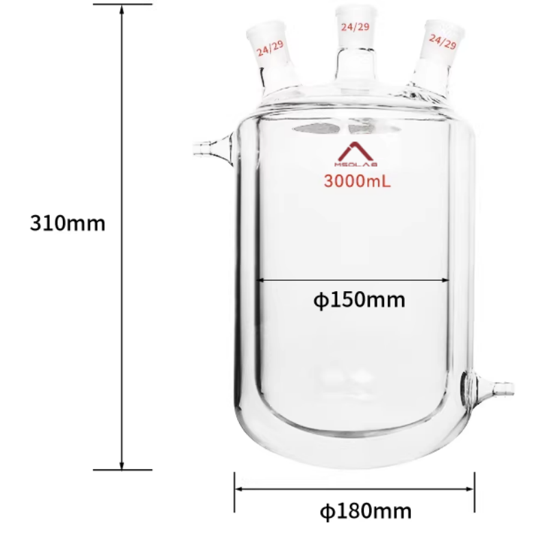 MSD Lab 3000ml Round Bottom Three Neck Jacketed Reaction Flask with 24 29 Joints