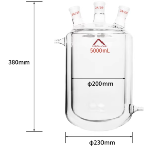 MSD Lab 5000ml Round Bottom Three-neck Jacketed Flask, 24/29 joints. 380mm height with 200mm outer diameter. High-strength borosilicate glass for high-vacuum thermal synthesis.