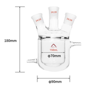 MSD Lab 150ml Round Bottom Three-neck Jacketed Flask, 24/29 joints. 180mm height with 70mm outer diameter. High-strength borosilicate glass for high-vacuum thermal synthesis.