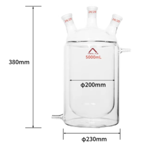"MSD Lab 5000ml Flat Bottom Jacketed Reaction Vessel, three-neck 24/29. 380mm height and 200mm jacket ID. Designed for stable benchtop magnetic stirring and constant temperature control.