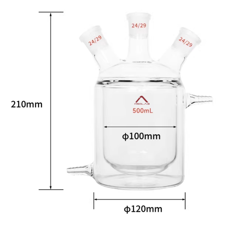 MSD Lab 500ml Flat Bottom Three Neck Jacketed Reaction Flask with 24 29 Joints