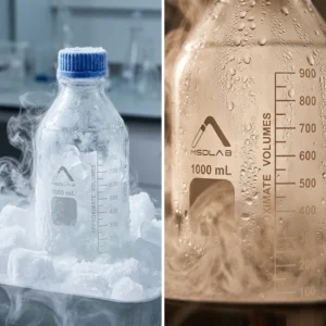 A MSD GL45 media bottle undergoing thermal shock testing with ice and high-temperature steam.