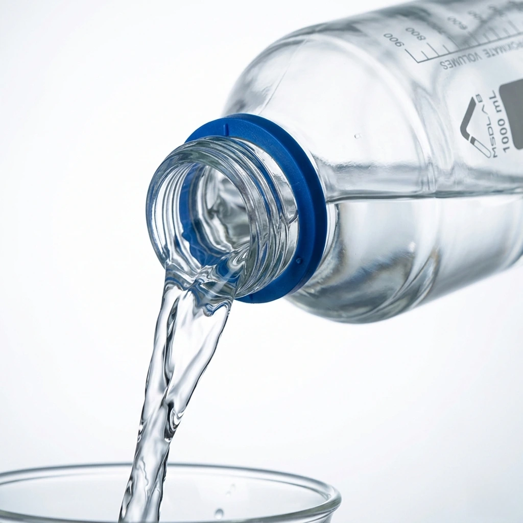 Detailed view of the GL45 blue polypropylene cap and the integrated drip-free pouring ring.