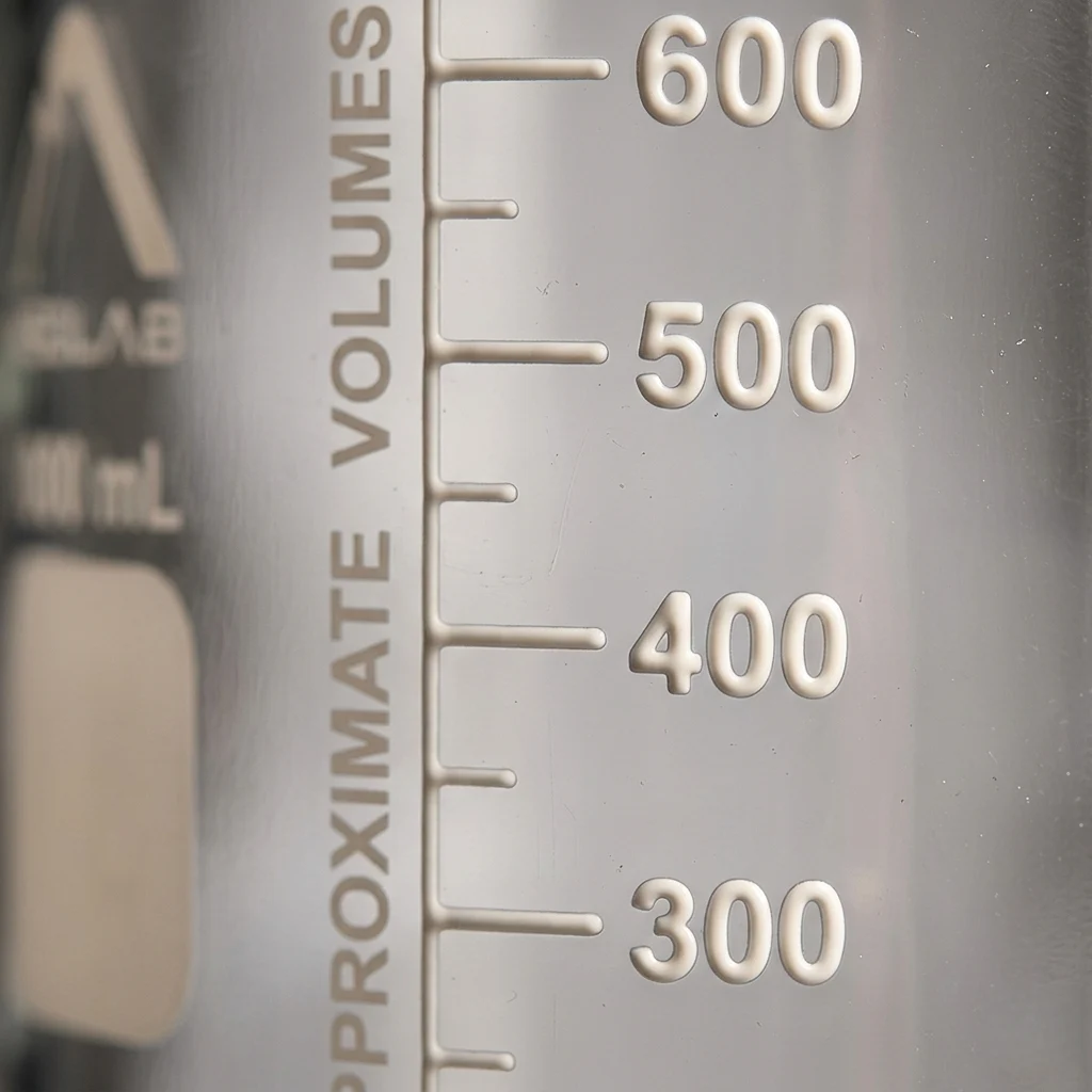 Close-up shot of the raised white enamel graduations on a MSD borosilicate reagent bottle.