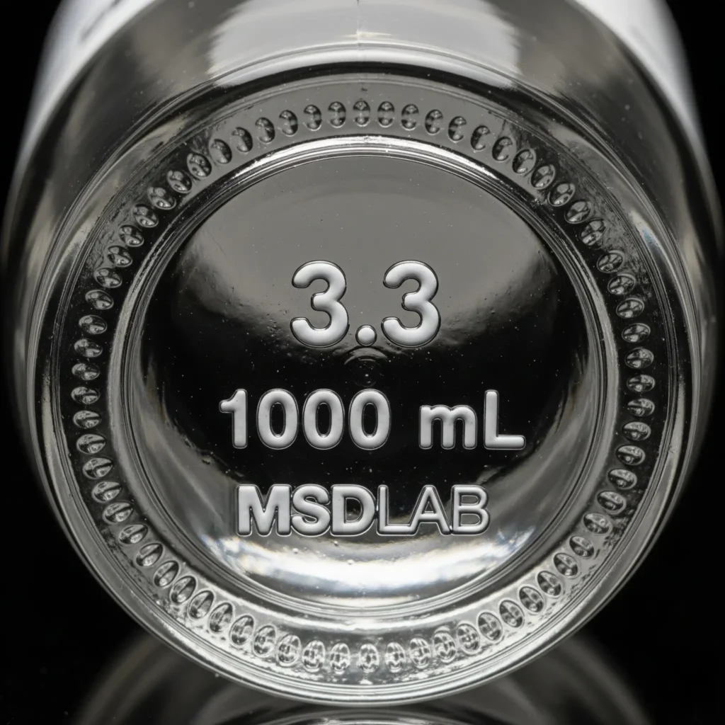 Bottom marking of a laboratory bottle showing 3.3 glass type, volume, and MSD manufacturer logo.