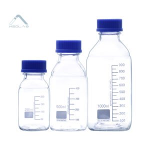 Lineup of GL45 blue cap media bottles in various capacities from 100ml to 1000ml.