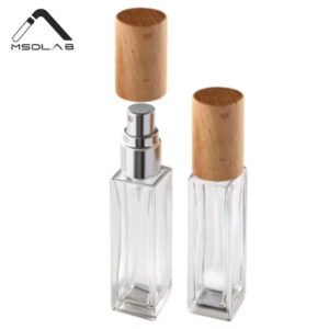 15ml mini slim rectangular clear glass perfume spray bottle with a decorative wood grain cap by MSDLAB.