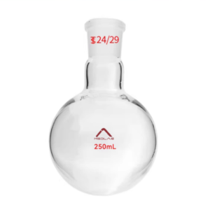 250ml transparent Borosilicate 3.3 glass flat bottom boiling flask with a precision 24/29 ground glass joint.