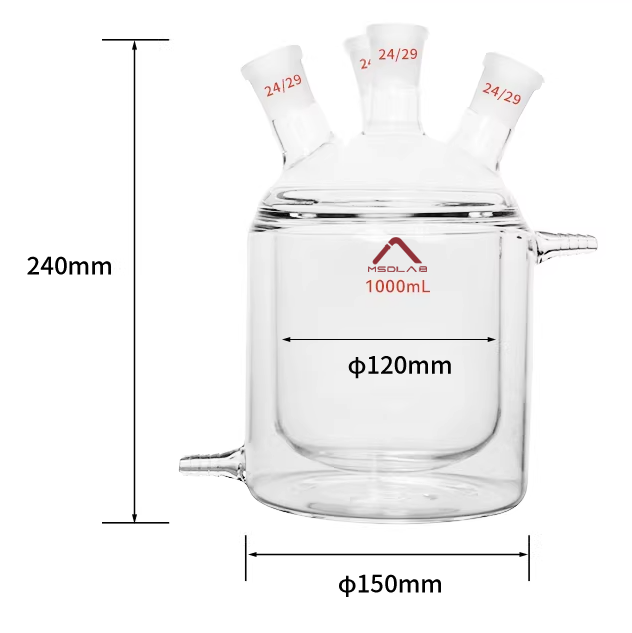 MSD Flat Bottom Four-Neck Jacketed Reaction Flask, 1000mL, 3.3 Borosilicate Glass