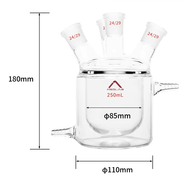 MSD Flat Bottom Four-Neck Jacketed Reaction Flask, 250mL, 3.3 Borosilicate Glass