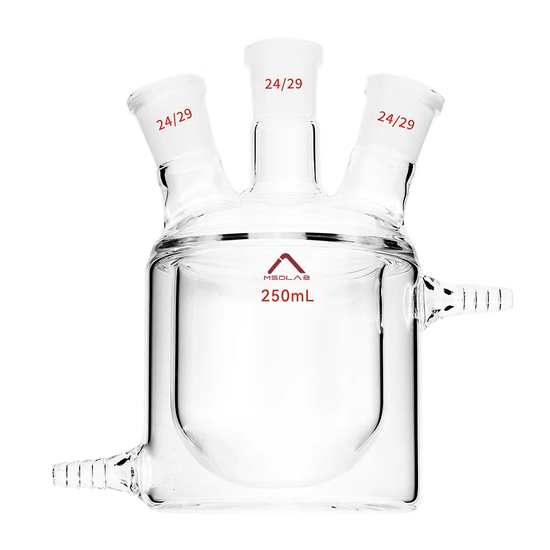 MSD Three-Neck Jacketed Reaction Flask, 250mL, Flat Bottom, 3.3 Borosilicate Glass