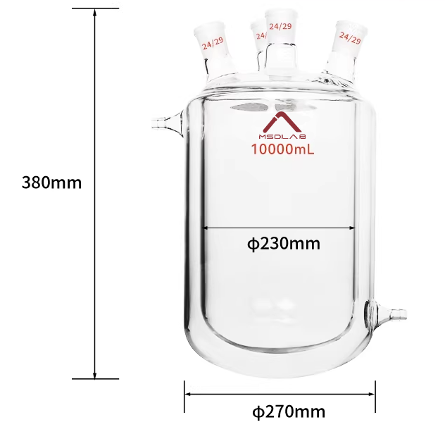 MSD 10L Round Bottom Four-Neck Jacketed Reaction Flask, 3.3 Borosilicate Glass