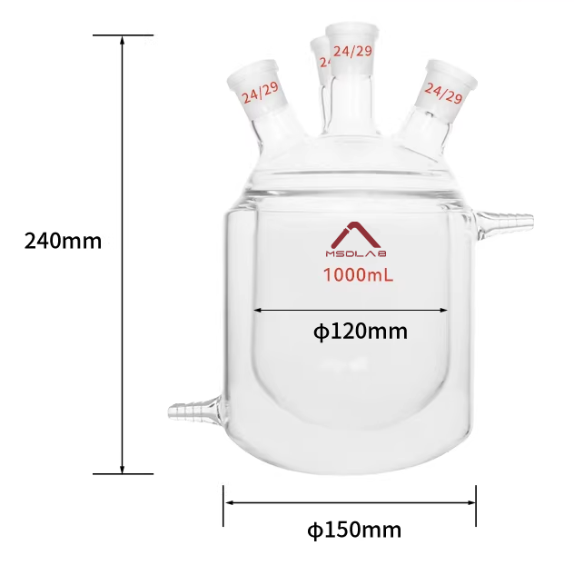 MSD Four-Neck Round-Bottom Jacketed Reaction Flask, 1000mL, 3.3 Borosilicate Glass