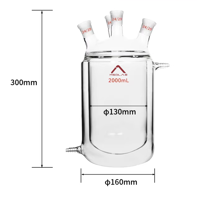 MSD 2000mL Round Bottom Four-Neck Jacketed Reaction Flask, 3.3 Borosilicate Glass