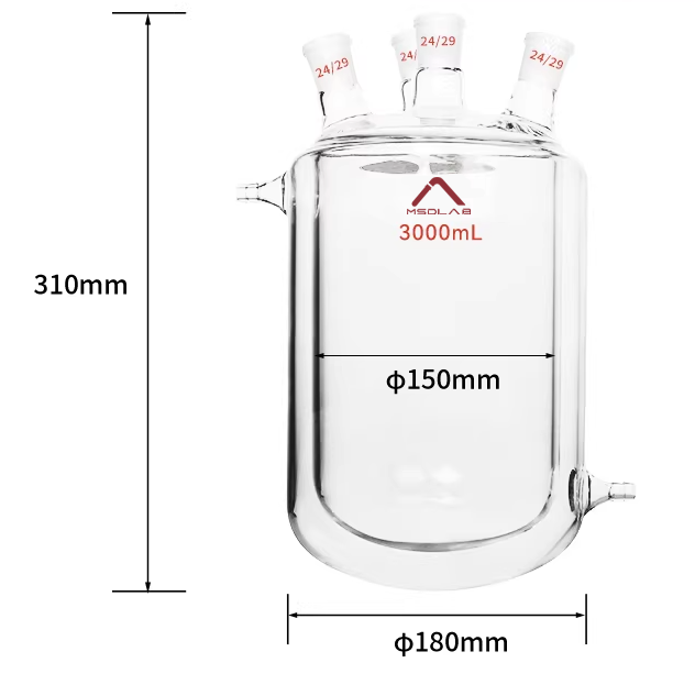 MSD 3000mL Round Bottom Four-Neck Jacketed Reaction Flask, 3.3 Borosilicate Glass