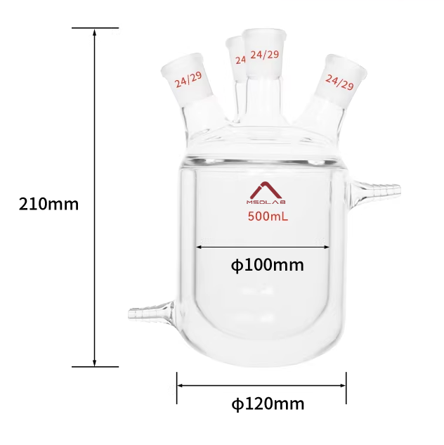 MSD Round Bottom Four-Neck Jacketed Reaction Flask, 500mL, 3.3 Borosilicate Glass