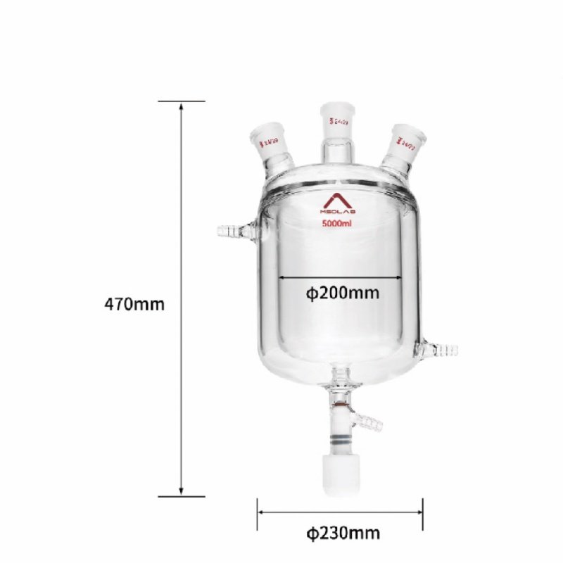 MSD Three-Neck Jacketed Glass Reactor with High Vacuum Valve, Borosilicate Glass 3.3, 100ml/250ml/500ml/1000ml/2000ml/3000ml/5000ml