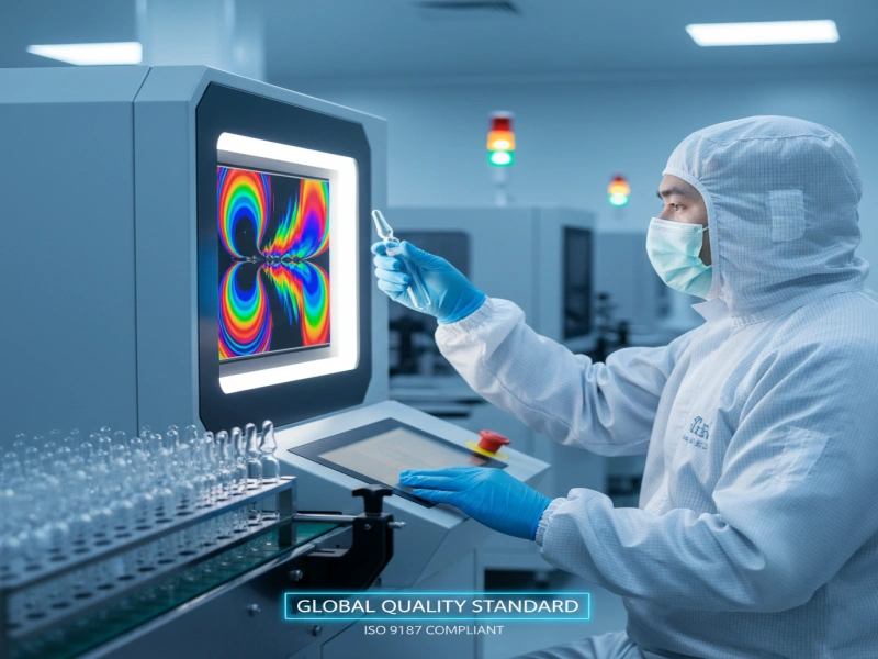 A technician performing a polarized light stress test on high borosilicate glass 3.3 tubes to ensure structural integrity and ISO compliance.