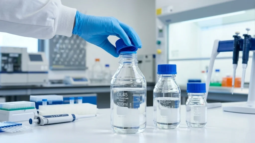 Technician demonstrating the correct handling and maintenance of GL45 borosilicate glass bottles in a professional laboratory.