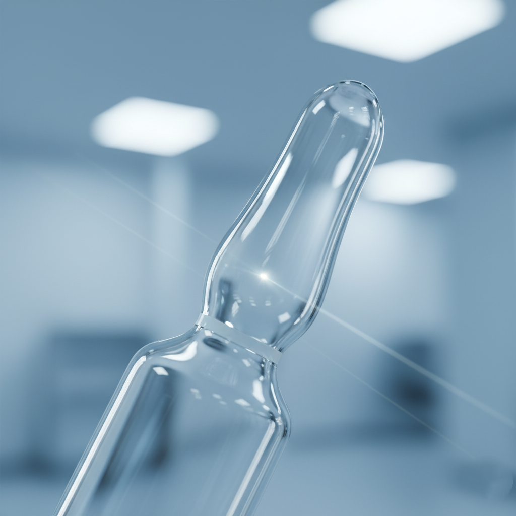 Close-up macro shot of a high borosilicate 3.3 glass pharmaceutical ampoule neck, showcasing the precision manufacturing and clean breaking point for medical safety.