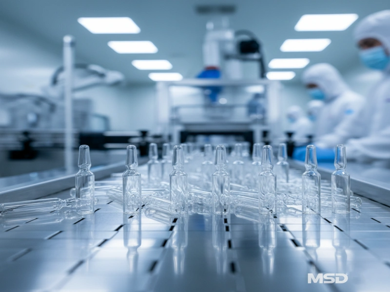 A professional sterile manufacturing environment showing tubular glass ampoules on an automated production line at the MSD LAB facility.