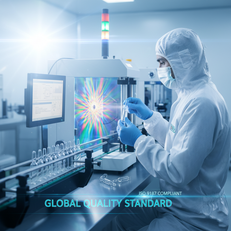 A professional technician in a cleanroom conducting automated quality control inspection for pharmaceutical glass ampoules to ensure ISO 9187 compliance.