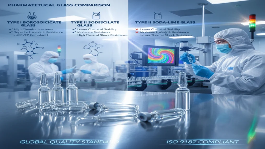 A technician inspecting glass ampoules in a sterile laboratory setting, highlighting ISO 9187 compliance and global pharmaceutical quality standards.
