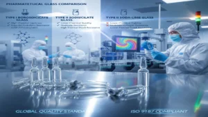 A technician inspecting glass ampoules in a sterile laboratory setting, highlighting ISO 9187 compliance and global pharmaceutical quality standards.