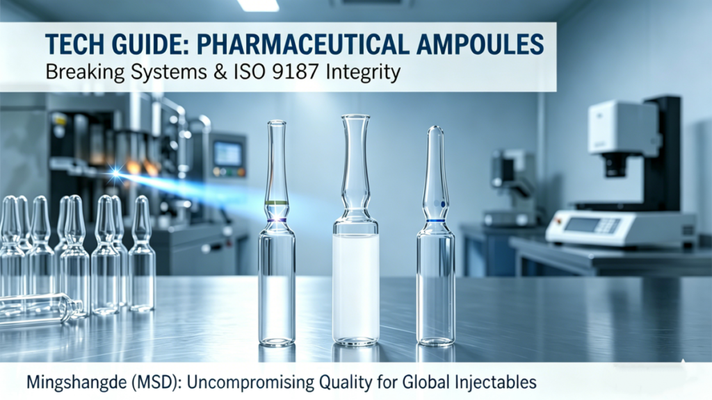 A technical featured image for Mingshangde, detailing breaking systems (OPC, Color Break Ring) on Form B, C, and D pharmaceutical glass ampoules, highlighting ISO 9187 compliance and manufacturing precision.