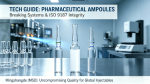 A technical featured image for Mingshangde, detailing breaking systems (OPC, Color Break Ring) on Form B, C, and D pharmaceutical glass ampoules, highlighting ISO 9187 compliance and manufacturing precision.