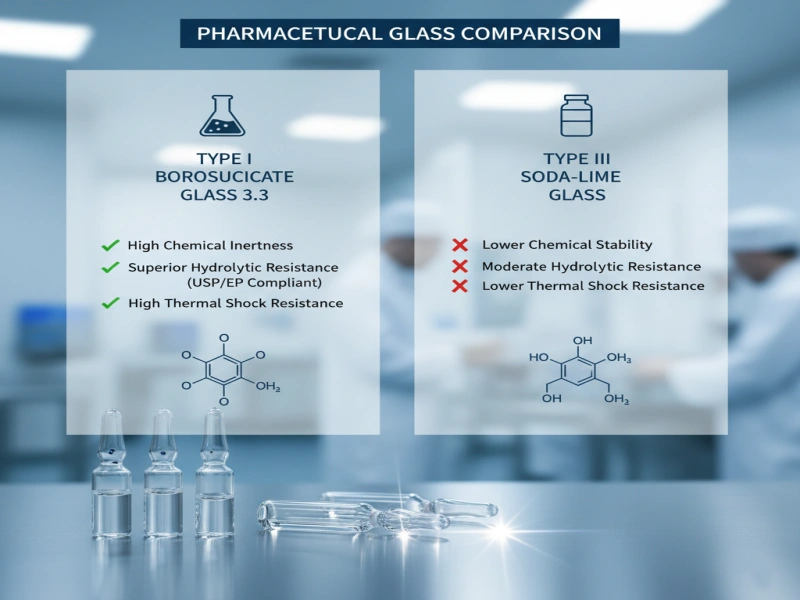 Technical comparison chart highlighting the superior chemical stability, hydrolytic resistance, and thermal shock resistance of Type I Borosilicate Glass 3.3 compared to Type III Soda-Lime glass.